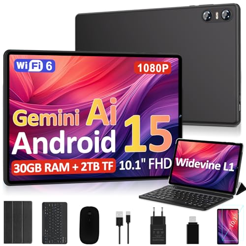 2026 Tablet 10 Pulgadas Android 15, 30GB RAM + 2TB TF, Gemini AI, Octa-Core, 5G WiFi 6, Widevine L1, GMS, GPS, BT 5.0, 6000mAh, 5+8MP, 3.5mm Audio, FHD Tablet con Teclado + Ratón + Funda, Negro