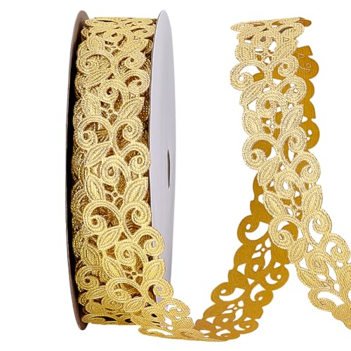 PH PandaHall 20 Yards 1 Gold Lace Trim for Sewing Embroidery Jacquard Trims Floral Lace Trims Ribbon Polyester Applique Sewing Embellishments Gold Trim for Sewing Costumes Gowns Hat Decoration