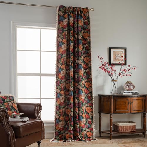USTIDE Floral Rustic Curtains - Colorful Cotton Tassels Vintage Jacquard Bedroom 1 Panel Semi Blackout Cotton Cottage Style Black, 150x160cm - Image 5