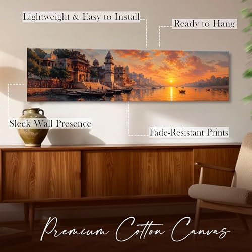 Image of Varanasi Ghats Sunset Stretched Canvas Wall Art Painting for Living Room, Abstract Spiritual Ganga Banaras Cityscape Canvas Wall Decor For Livingroom, Bedroom, Office, Hallway's, Hotel 12x46 Inch