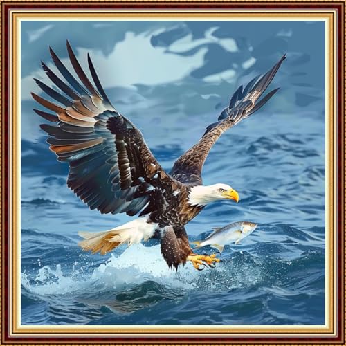 Image of Fanxvivy Stamped Counted Cross Stitch Kits for Adults Printed Cross-Stitch Patterns 11CT Stamped or Counted Cross Stitching Embroidery Kit Needlepoint Kits-Eagle Fishing 18x18 inch