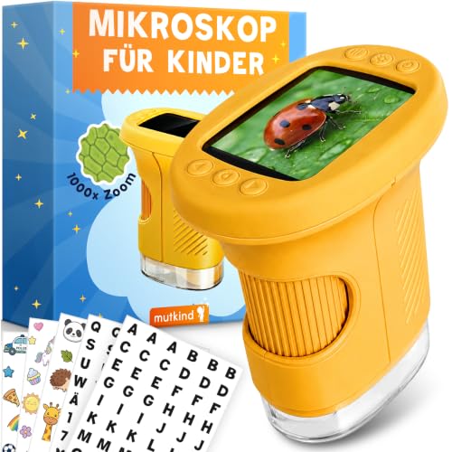 Mutkind Digitales Mikroskop für Kinder [1000X Vergrößerung & Fotofunktion] - Tragbares Taschenmikroskop für Garten Wald & Experimente - Kinder Mikroskop Spielzeug [HD-Bildschirm & 150+ Stickern]