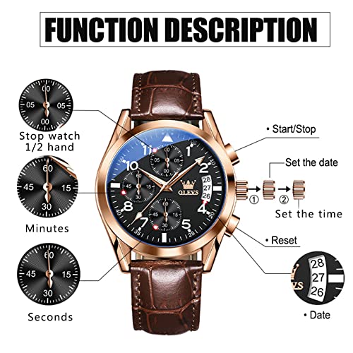 Image of OLEVS Mens Leather Watch Dress Casual Quartz Brown Wrist Watch Date