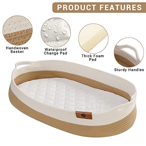 Baby Changing Basket, Moses Diaper Basket W/ Foam Pad, 2 Waterproof Covers, Blanket, Diaper Caddy Organizer, Table/Dresser/Nursery Topper, Boho Bassinet Station Woven Rope Tray, Storage #TOP2