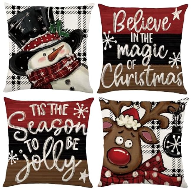 4PCS Christmas Pillow Covers 18x18 Inch, Snowman Buffalo Plaid Winter Believe Reindeer Pillow Covers Brown Black Xmas Holiday Cushion Cases for Home Sofa Couch Chair Outdoor Decoration