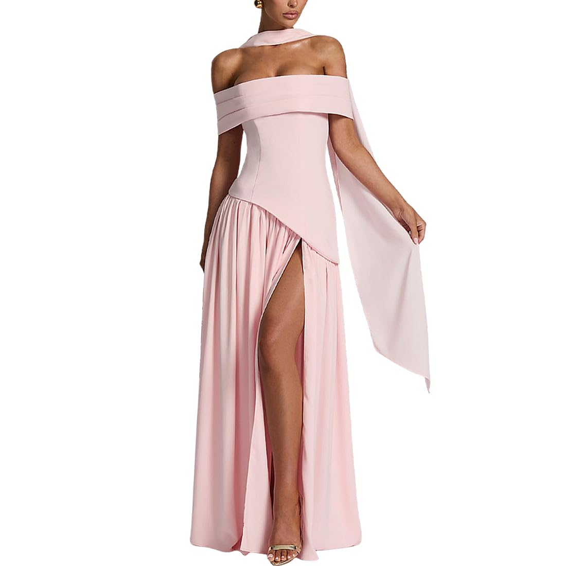 Vestido Largo para Mujer Elegante Vestidos de Fiesta Hombros Descubiertos Sexy Maxi Vestido sin Espalda con Abertura Vestidos Formal de Noche Ajustado con Bufanda para Ceremonia Boda