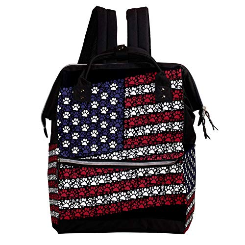 TIZORAX - Mochila de pañales con diseño de bandera americana de huellas de pata de gran capacidad para bebé, multifunción, bolsas de pañales de viaje, para mamá y cuidado del bebé