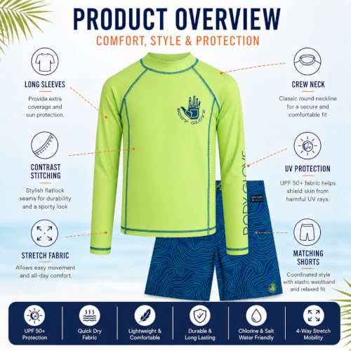 Image of Body Glove Boys Swim Set - 2 Piece Boys Swim Trunks with Rash Guard UV Protection Swimsuit Kids Bathing Suits (Sizes 4-12)