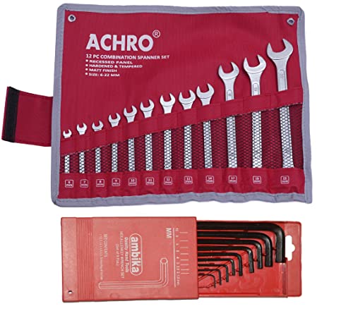 Image of ACHRO Stainless Steel Tool Kit with Allen Key Set and Combination Spanner Set (Multicolour) - Set of 21 Pieces