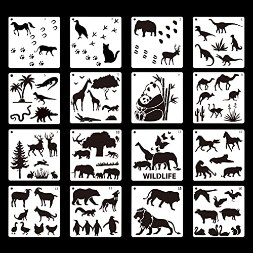 Rolin Roly 16pcs Animal Painting Stencils Plastic Drawing Painting Templates Reusable Graphics Stencils Animals Stencils Pattern for Crafts DIY Walls Paper Card Home Decoration