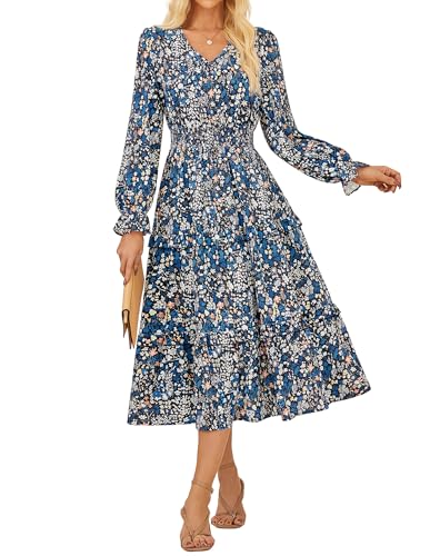 GRACE KARIN Damen Casual V-Ausschnitt A-Linie Freizeitkleid Vintage High Waist Mittelalter Kleid Blaue Blumen S