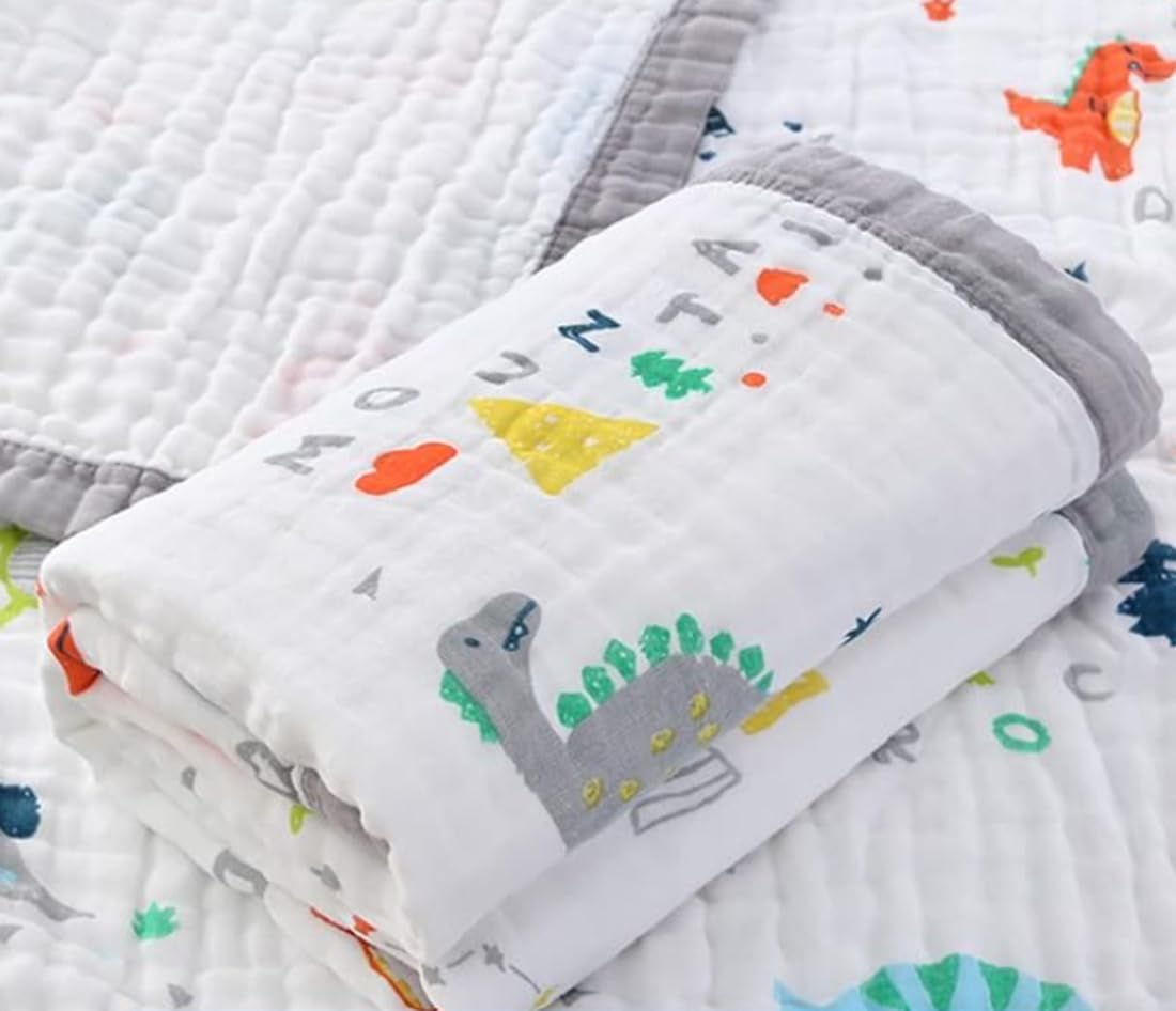 BMNE Premium 100% Cotton 6-Layer Muslin Baby Swaddle Blanket Set of 1 Pc | Baby Towel & Swaddle Cloth for Newborn | Soft Breathable Wrap 110 x 110 cm | Shower Gift (Dinosaur)-image-14