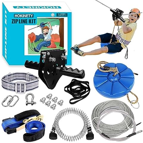 HOKINETY Zip Line Kit for Kids Adults : 120FT Up to 450Lbs - Quick Tighten Zipline for Backyard Outdoor with 100% Rust Proof Removable Trolley Seat Spring Brake Cover