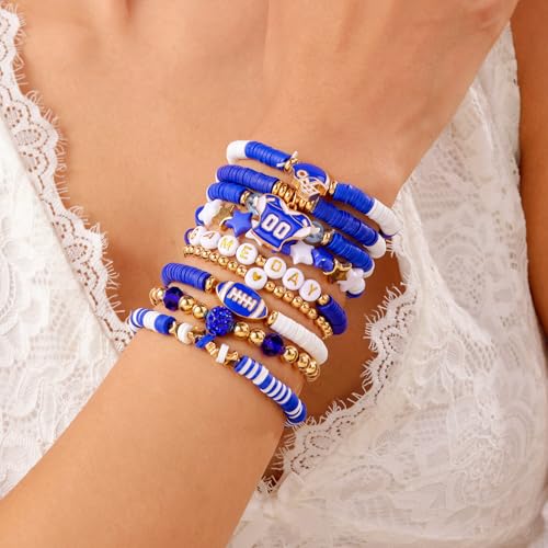 Game Day Bracelets Set for Women Men Football Bracelets Stack Beaded Stretch Red Black Blue Clay Beaded Stretch Bracelets Stackable Sports Charm Bracelet Jewelry Accessories (Blue White-9) — view 3