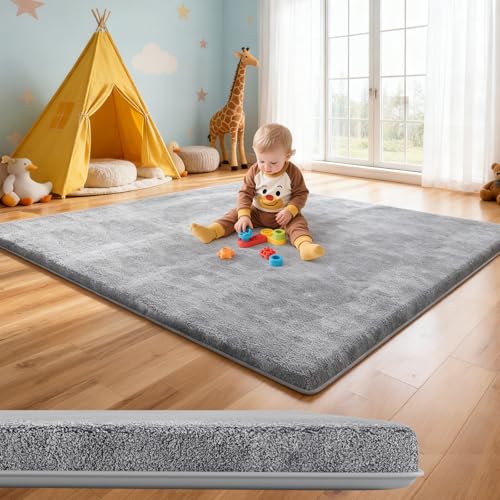 Image of Baby Play Mat for Floor: Soft Support & Plush Feel Nursery Rug - Non Slip Crawling Pad for Toddler,Infant - 1.3'' Thick 47 x 47 Playpen Mat with Washable Removable Coth Cover (Light Grey, 47''x 47'')