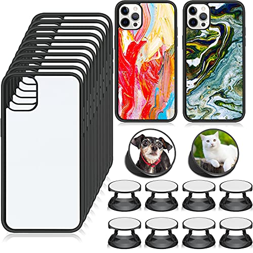 20 Sublimation Sets Include 10 Blank Sublimation Phone Case Cover Compatible with iPhone 12/12 Pro with 10 Blank Sublimation Phone Grip Holders for DIY Anti-Slip Phone Case (White with Black)