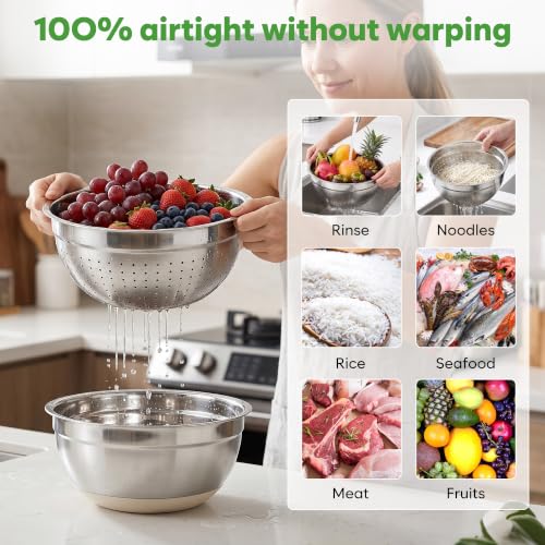 Fire More Mixing Bowls with Airtight Lids Set, Stainless Steel Salad Bowls with Non-Slip Silicone Bottoms, 8PCS Nesting Kitchen Bowls with Colander,Grater Attachments, for Mixing Cooking Prep by Fire More - Used condition - Image 2