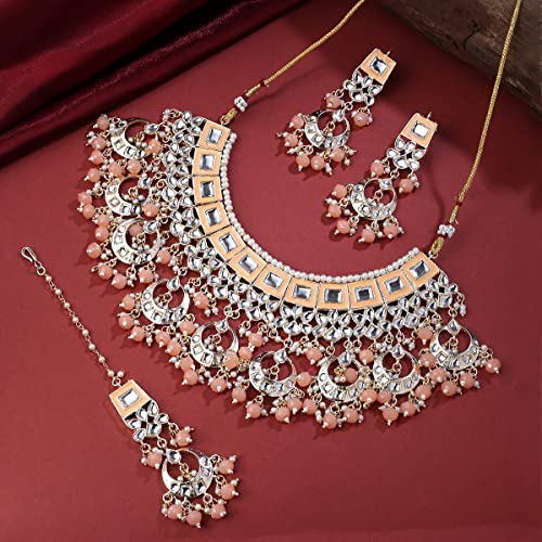 Image of Yellow Chimes Ethnic Gold Plated Studded Kundan Beads Flower Design Jewellery Set Multicolour Meenakari Choker Necklace Set for Women and Girls