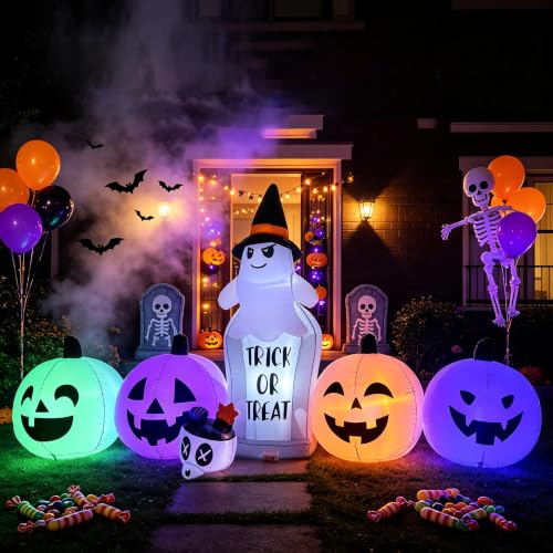 Image of 8FT Halloween Inflatable Ghost Tombstone & Jack-o'-Lantern Yard Decor