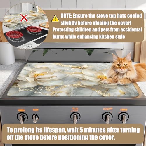 Image of Magnolia flower Stove Top Covers for Electric Stove,Gold Marble Electric Gas Stove Pad Heat Resistant Range Cooktop Protector for Home Decor Kitchen 28 inchx20 inch