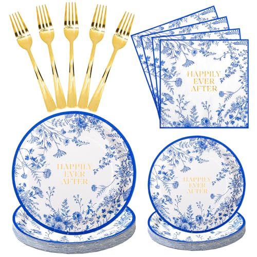 Crisky Floral Wedding Plates Disposable Bridal Shower Plates and Napkins Sets Forks Blue Paper Engagement Tableware Set for 24 Guests Bridal Shower Decorations Party Supplies (Happily Ever After)
