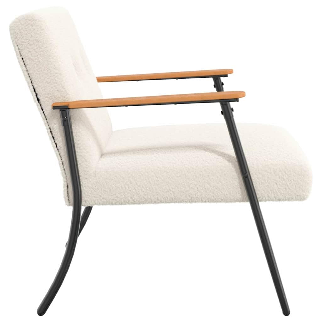 Fotel kremowy z kręconego materiału przypominającego wełnę ze stalowymi nogami, ergonomiczny fotel do salonu, sypialni, biura, relaksująca pozycja siedząca i wygodne podłokietniki