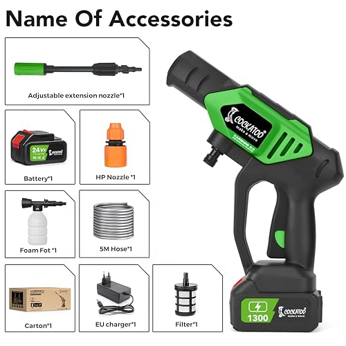 Image of Cockatoo CarShine2.0 Rechargeable Pressure Washer Gun 21V Single Battery 20Bar Pressure 5Lmin Flow Copper Binding Motor 2 in 1Nozzle Portable Car Bike Garden Cleaner Cordless High Pressure Washer