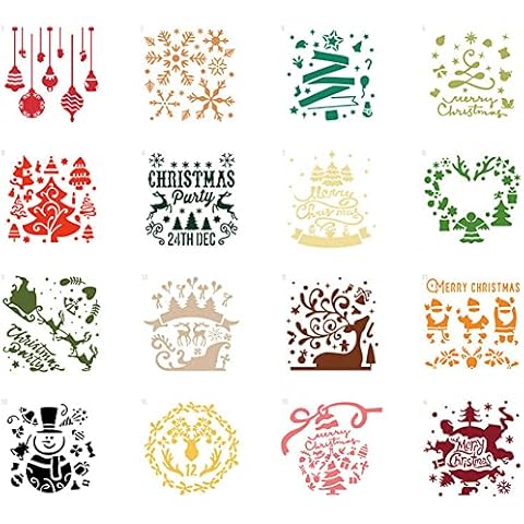 Drawing Stencils, Christmas Stencils, 16 Pieces Journal Stencils Set, Reusable Stencils, Art Scrapbook Stencils, DIY Stencils, Silicone Stencil, Preschool Painting Tool Cover