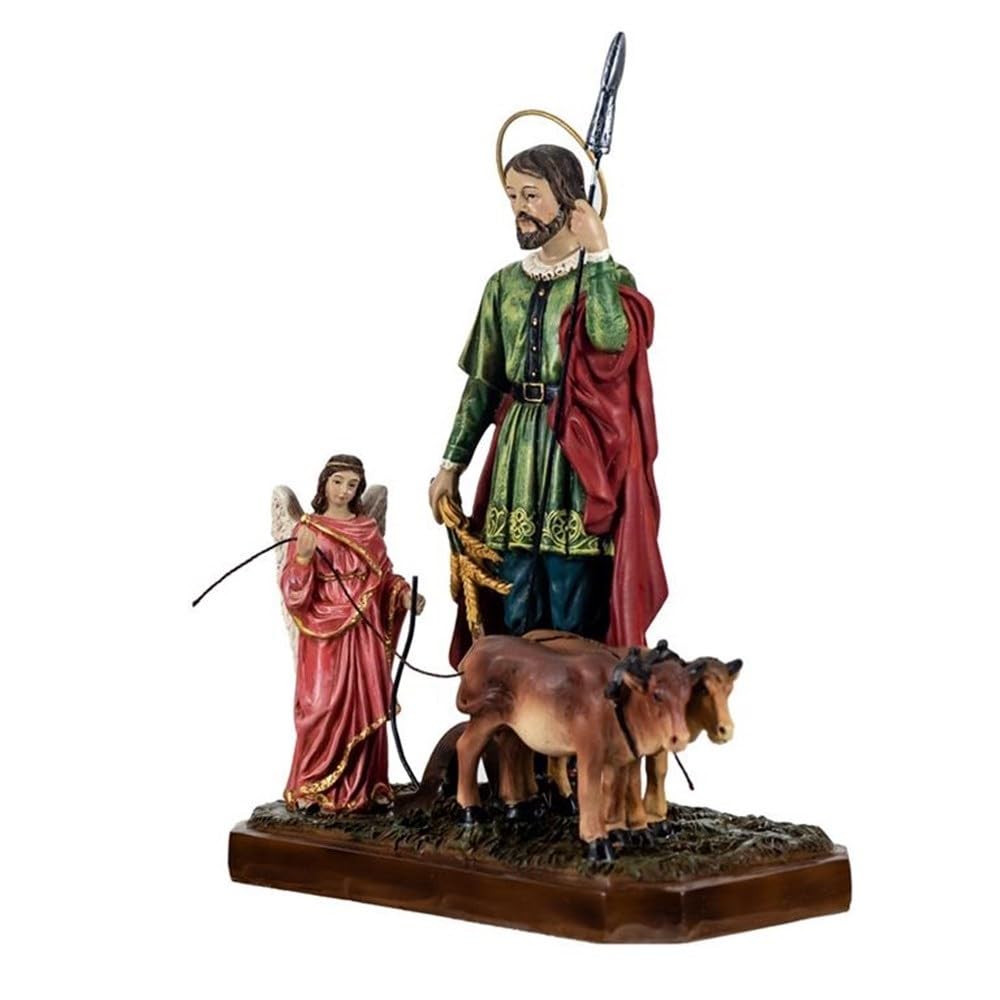San Isidro Labrador Figura 20 cm. Resina con bueyes Detalle ángel patrón de los labradores