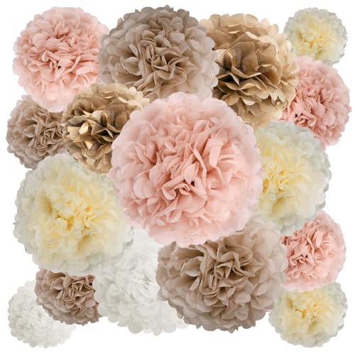BestoFun Lot de 16 pompons en papier de soie beige, brun, pêche, ivoire et rose - Décoration de...