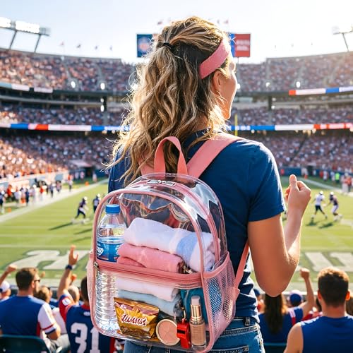 Image of Fomaris Clear Backpack Stadium Approved 12x6x12 - Clear Bag with Reinforced Straps, Durable PVC for Stadium Events, Sports, Festivals, Concerts, Games, Women & Girls - Pink
