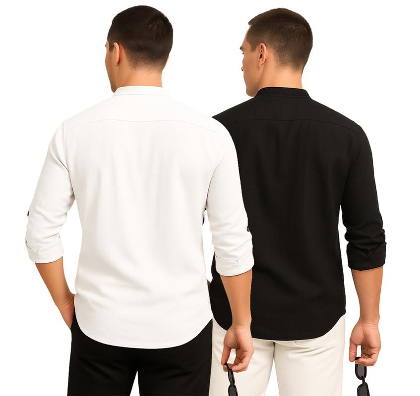 Image of DEELMO Combo of Men's Cotton Blend Solid Regular Fit Full Sleeve Short Kurta | Men's Trendy Short Kurta Pack of 2