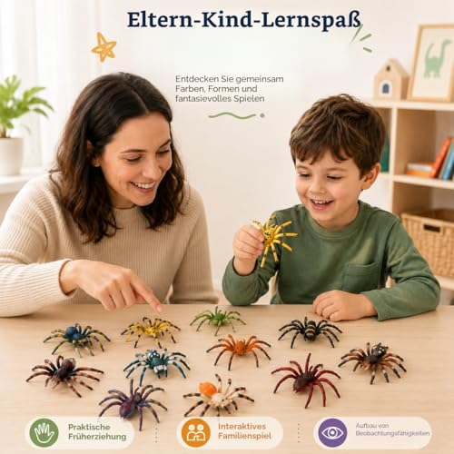 JOKFEICE Spinne Spielzeug 12 Stück realistische Spinnenfiguren Bunte Tarantel Figuren für Halloween Dekor, frühes pädagogisches Spielzeug, Geburtstagsparty, Kuchenaufsatz für Kinder