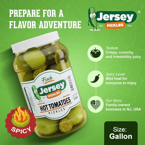 Image of Jersey Pickles - Hot Pickled Tomatoes (Gallon) - Pickled Vegetable - Handcrafted Gourmet Topping for Sandwiches, Charcuterie & More