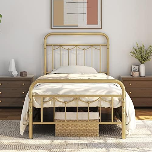 Yaheetech Twin XL Size Metal Bed Frames with Vintage Headboard and Footboard, Farmhouse Metal Platform Bed, Heavy Duty Steel Slat Support, Ample Under-Bed Storage, No Box Spring Needed, Antique Gold