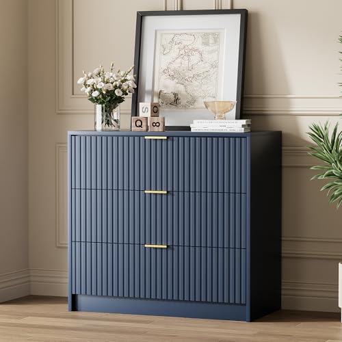 Image of Furniway 31.5 inch Large Nightstand with 3 Drawers, Fluted Bedside Table, Modern Tall End Table with Storage, Wood Night Stand Organizer Cabinet for Bedroom, Navy Blue