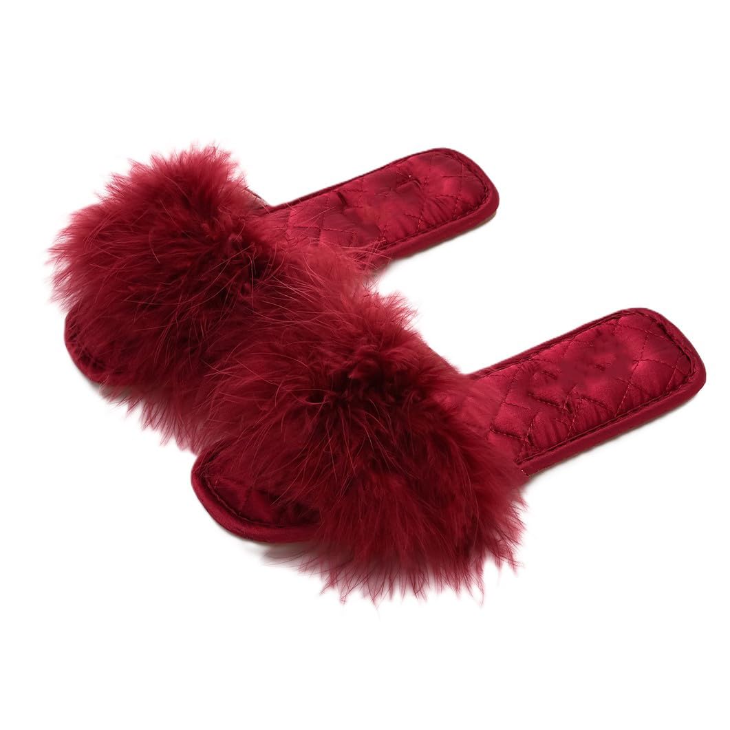 Donna Piuma Soffice Peluche Pantofole in Raso Interno Esterno Punta Aperta Sandali in Morbido Cotone Antiscivolo Scarpe da Casa per Camera(38/39 EU, Red-Women)