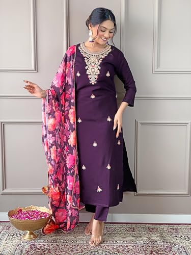 Image of Naixa Women's Rayon Embroidered and Printed Straight Kurta with Pant and Dupatta Sets (Available in Plus Size) (NX3-513)