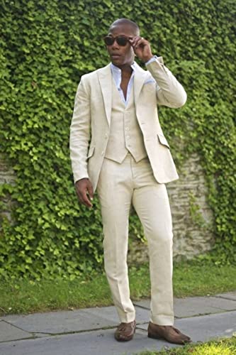 Mens Off-White Linen Peak Lapel Blazer Pants Vest Casual Groom Prom Tuxedo Wedding 3 Pieces Suit2