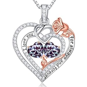 Iefil Rose Heart Necklaces Gifts for Her – 925 Sterling Silver Heart Birthstone Necklace, Anniversary Birthday Gifts for Women, Personalized Gifts, Jewelry Gifts for Women Wife Girlfriend Mom