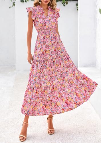 Image of PRETTYGARDEN Women's 2026 Summer Floral Midi Dress Cap Sleeve V Neck Ruffle Long Flowy Boho Casual Beach Vacation Dresses