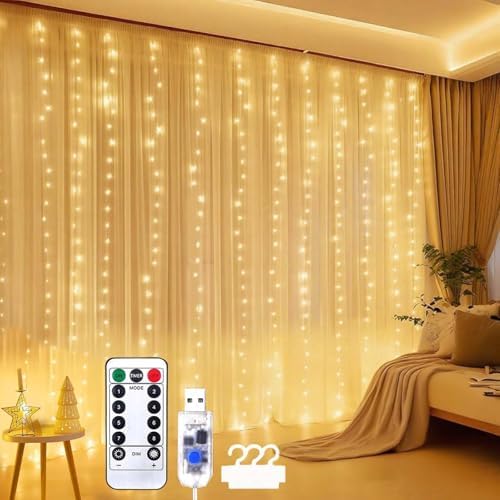 300 LEDS Curtain Fairy String Lights, 9.8FT Party Twinkle Lights Decorations, Outdoor Led Light String with Remote 8 Modes for Wedding Home Garden Bedroom Wall Decorations, Warm White