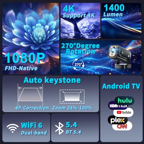 Image of Projector [Auto Focus & Native 1080P & Built-in Apps] Mini Portable Projector 1080P, 4K Full HD with WiFi 6 & Bluetooth 5.4, Auto Focus & Keystone, 270 Rotatable, Compatible with Phone /HDMI /USB,Black