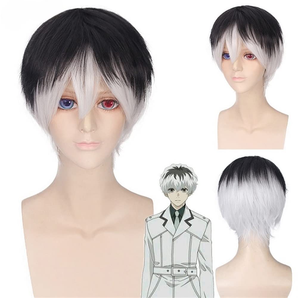 Anime Tokyo Ghoul Re Kaneki Sasaki Haise Black White Mix Short Heat-Resistant Fiber Hair Pelucas Anime Cosplay Costume Wigs + Wig