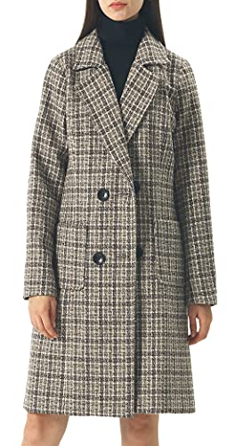 Image of chouyatou Women Elegant Notched Collar Double Breasted Wool Blend Over Coat (X-Large, Khaki-Plaid)