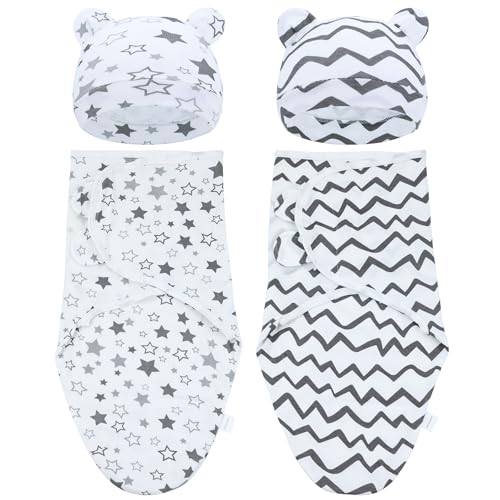 Image of Cinaci 2 Pieces Adjustable Soft Cotton Baby Swaddle Sleep Sacks Hats Newborn Nursery Caps Beanies Bonnets Swaddle Blanket Wraps for Baby Girls Boys Infants Newborns (2PCS S12)