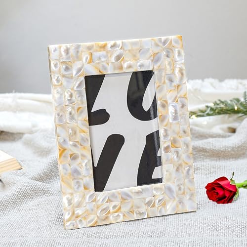 BEHOMA Elegent Wooden Mother Of Pearl Handcrafted Rectangular Picture Frame Tabletop | Best Gift For Home Decor, Birthday, Anniversary, Valentine'S Day (Off White, 4X6 Inches)