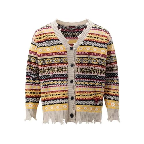 Men Rainbow Striped Knit Cardigan Raw Edge Oversized Vintage Y2K Style Casual Streetwear Sweater