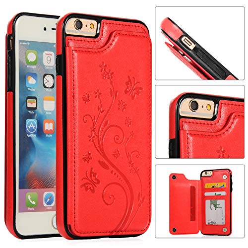 QFUN Back Wallet Case for iphone 6 Plus/6S Plus with Stand, Elegant Embossed Design [Butterfly Flower] Lightweight Slim Fit Leather Phone Case with Card Holder Protective Bumper Flip Cover - Red