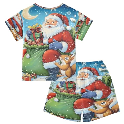 ALAZA Cartoon Santa Claus Squirrel Christmas Pajamas Set Short Sleeve Cotton Sleepwear Summer Pjs 2 Piece 5-14Y2